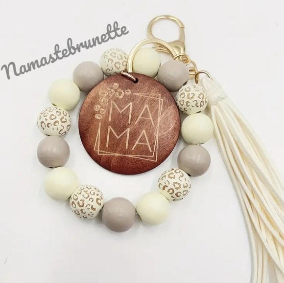 Wooden Beaded Mama Keychain Bag Charm With Blue Tassel - Picture 3 of 11